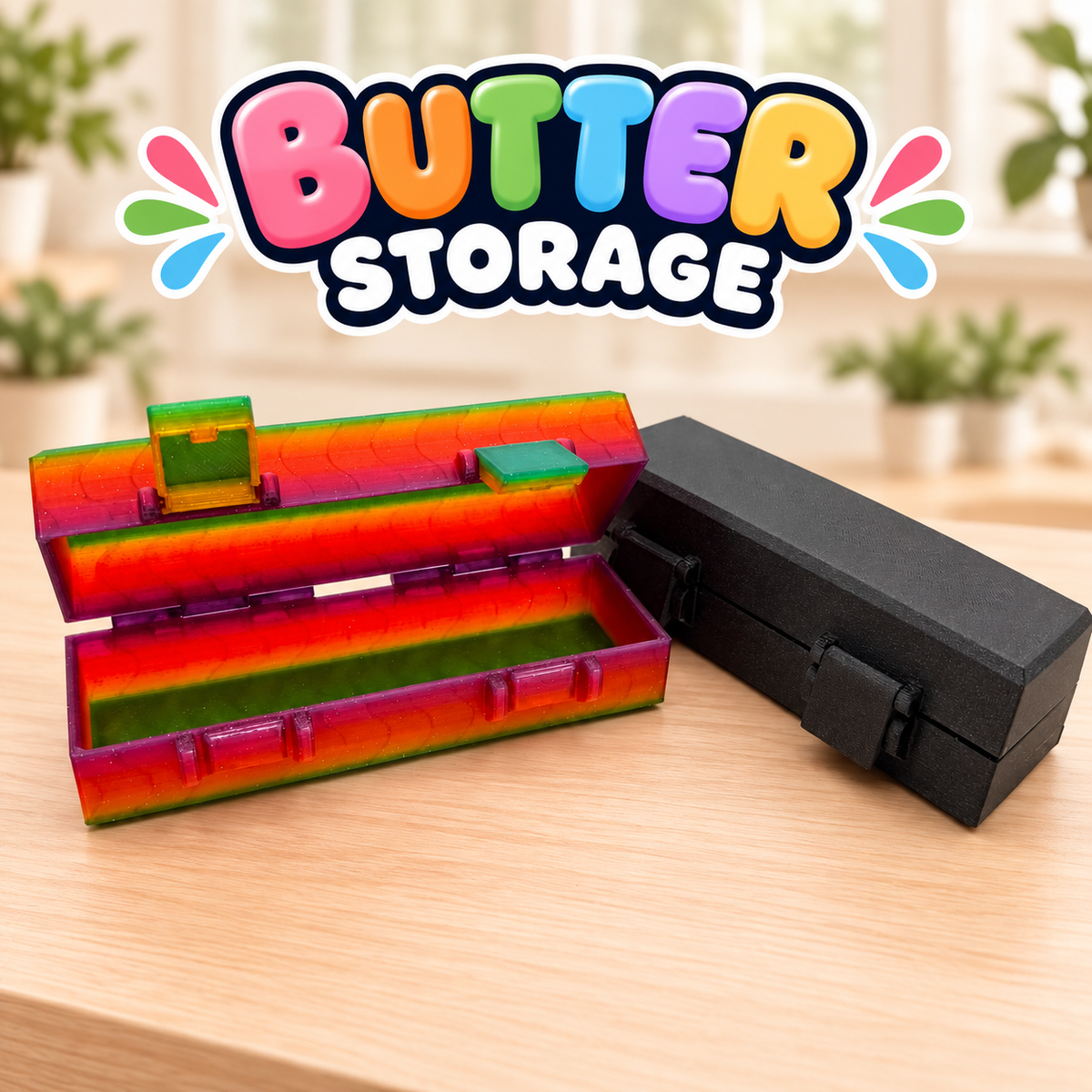 Two long butter storage cases with hinged lids: an open rainbow case with a green interior and a closed black case