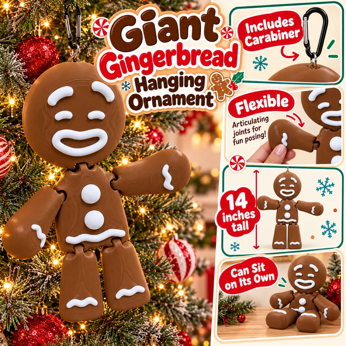 Giant Gingerbread Hanging Ornament details: includes carabiner, flexible articulating joints, 14 inches tall, and can sit on its own