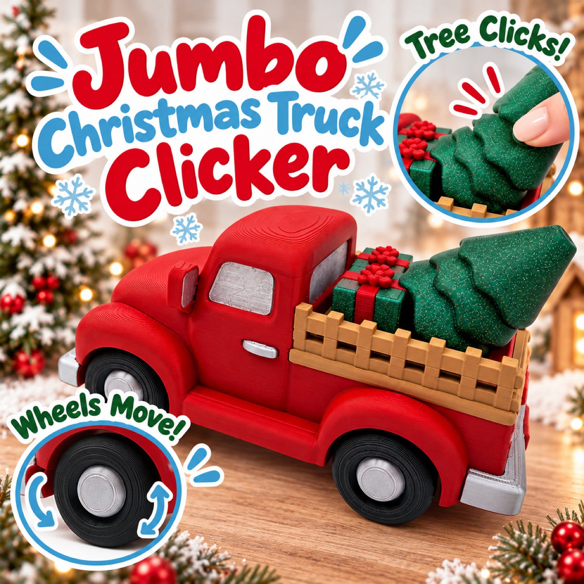 Jumbo Christmas Truck Clicker with callouts showing the glittery green tree that clicks and the wheels that move, red vintage-style pickup with wrapped gifts