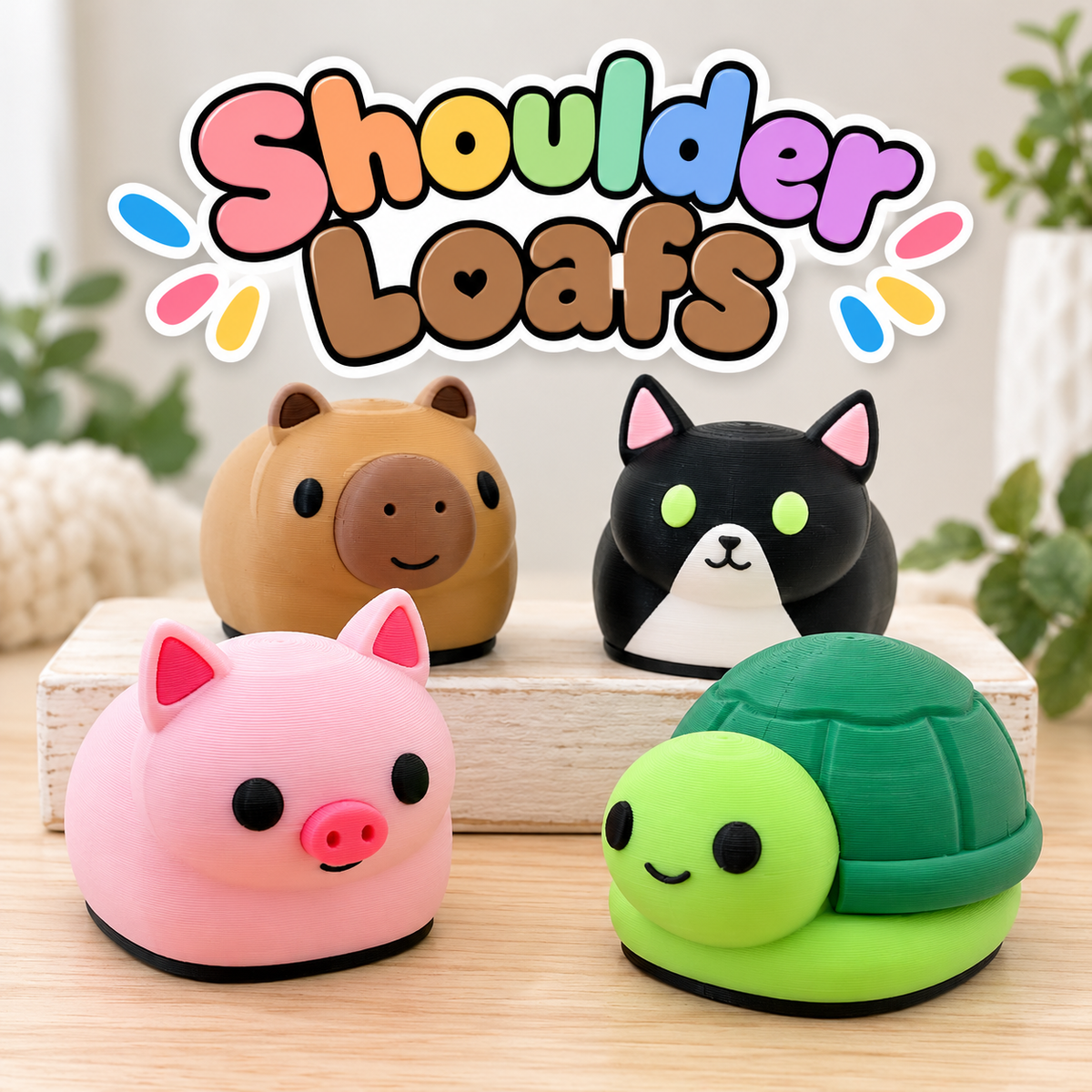 Shoulder Loafs in pig, capybara, cat and turtle styles on a wood shelf