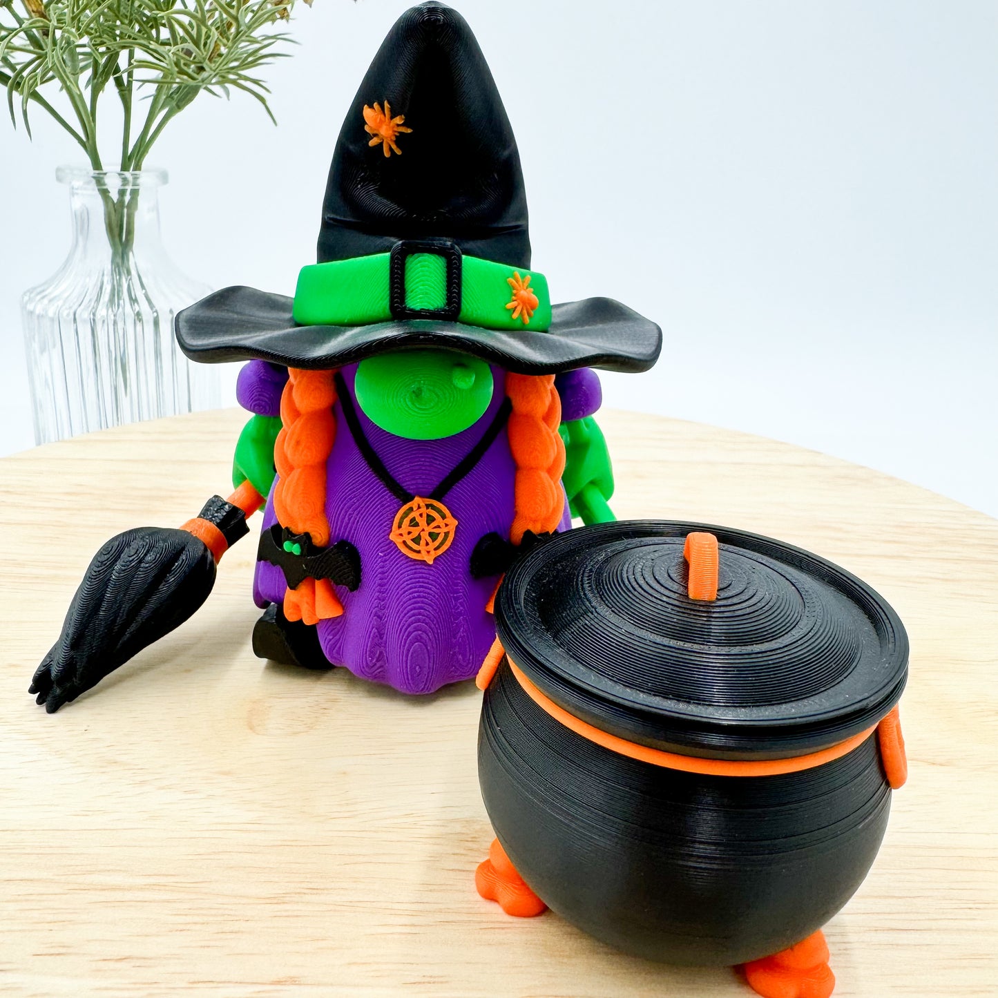 3D Printed Witch Gnome Figurine with Cauldron and Broom