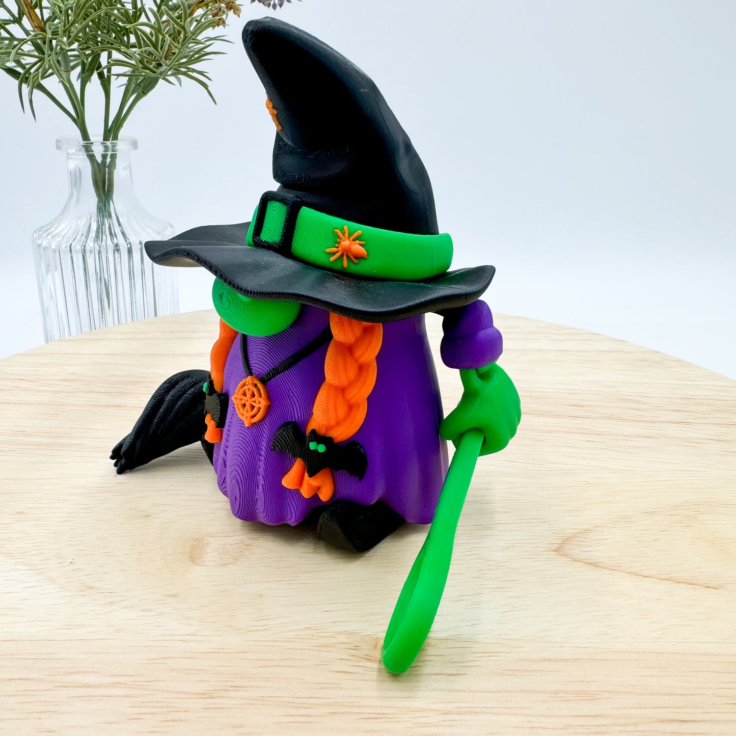 3D Printed Witch Gnome Figurine with Cauldron and Broom