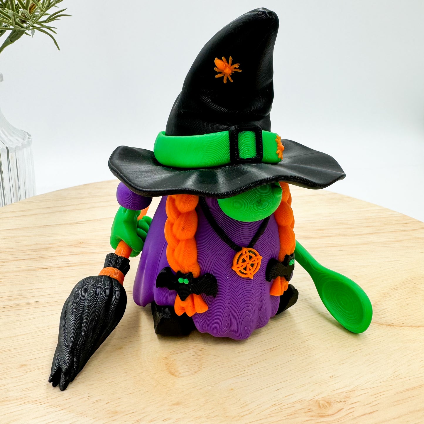 3D Printed Witch Gnome Figurine with Cauldron and Broom