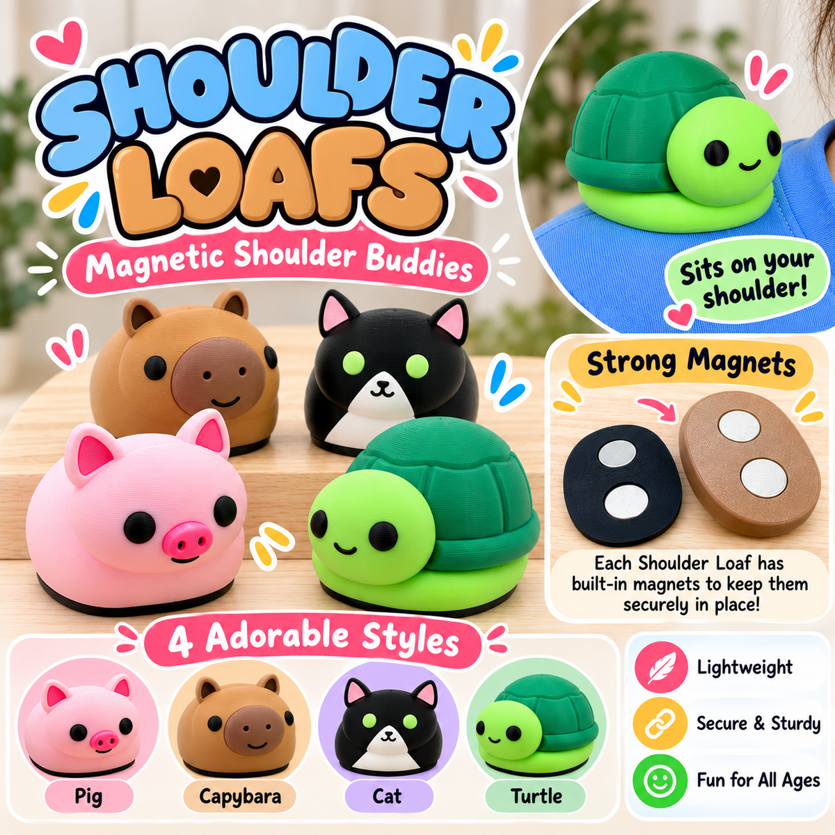 Shoulder Loafs graphic showing a turtle on a shoulder, built-in magnets and the 4 styles