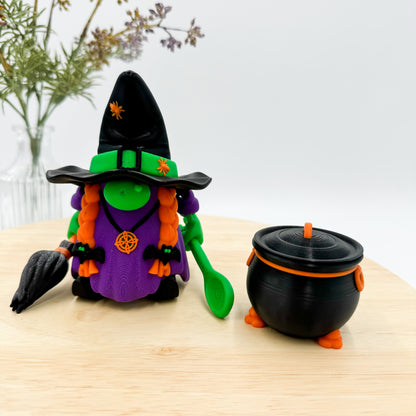 3D Printed Witch Gnome Figurine with Cauldron and Broom