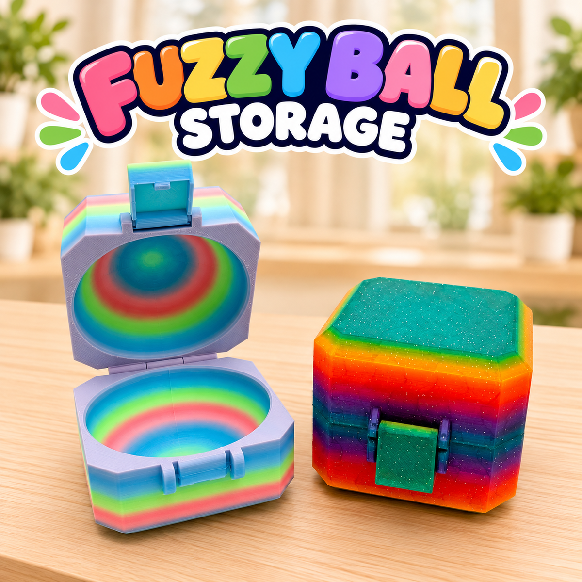 Two fuzzy ball storage cases: an open pastel case with a round rainbow interior and a closed glittery rainbow case