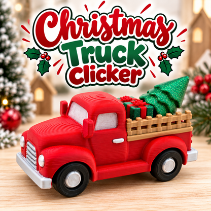 Christmas Truck Clicker graphic with a red pickup carrying a tree and gifts