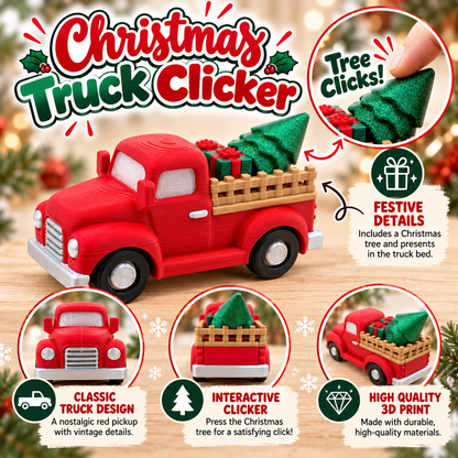 Christmas truck clicker feature graphic with tree clicks and design details