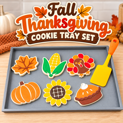 Fall Thanksgiving cookie tray set: 6 pretend cookies and a spatula on a gray tray beside autumn decor
