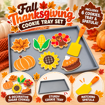Graphic of the fall cookie tray set showing what's included: 6 decorative sugar cookies, cookie tray and spatula