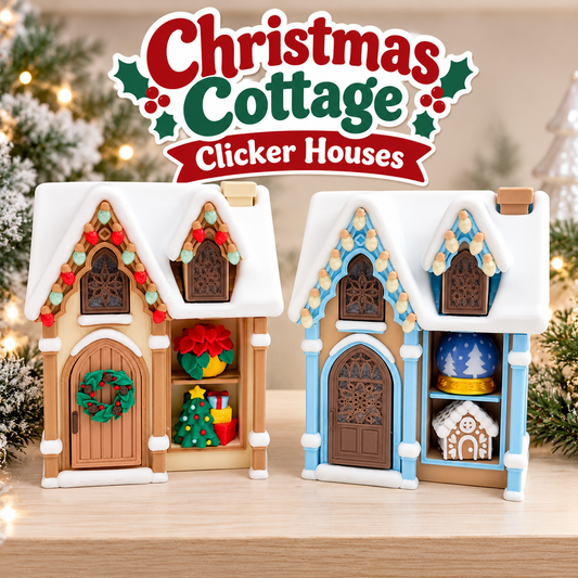 Classic Christmas and Winter Wonderland cottage clicker houses side by side with snowy roofs
