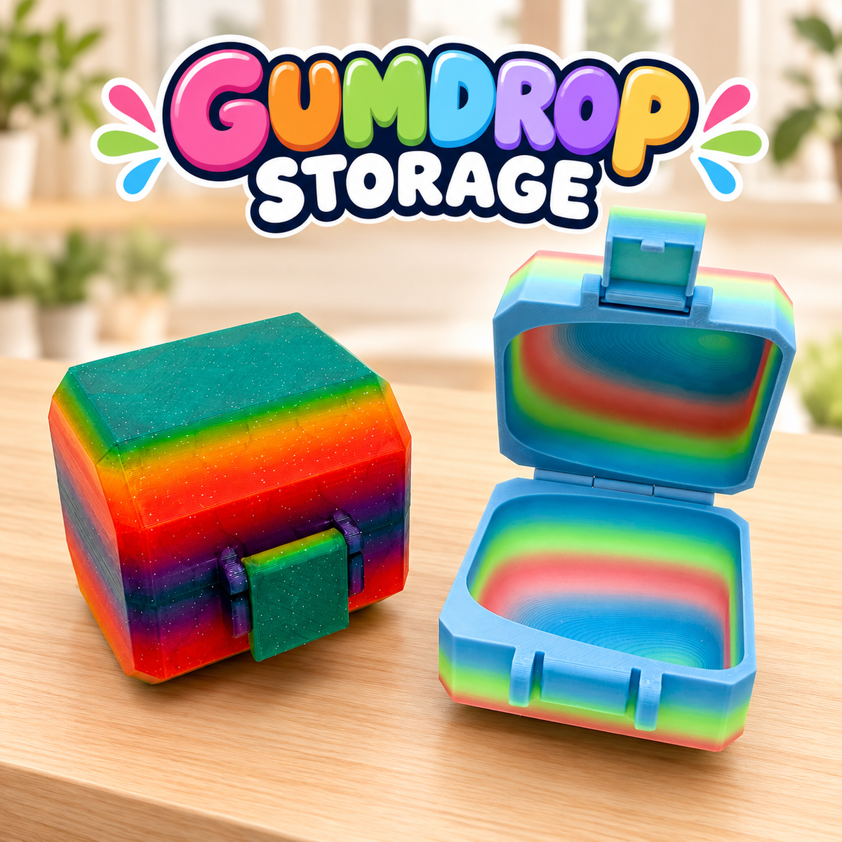Two square gumdrop storage cases, one closed in glittery rainbow and one open in pastel blue with a snap-latch lid