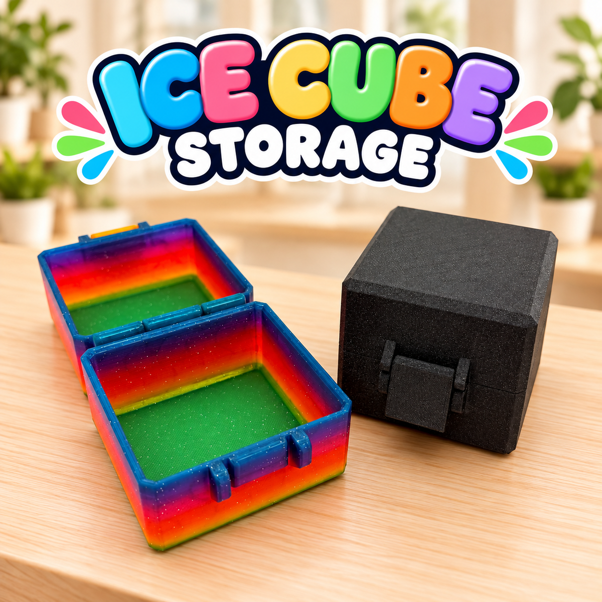 Two ice cube storage cases: an open rainbow glitter case with a green interior and a closed black case with a latch