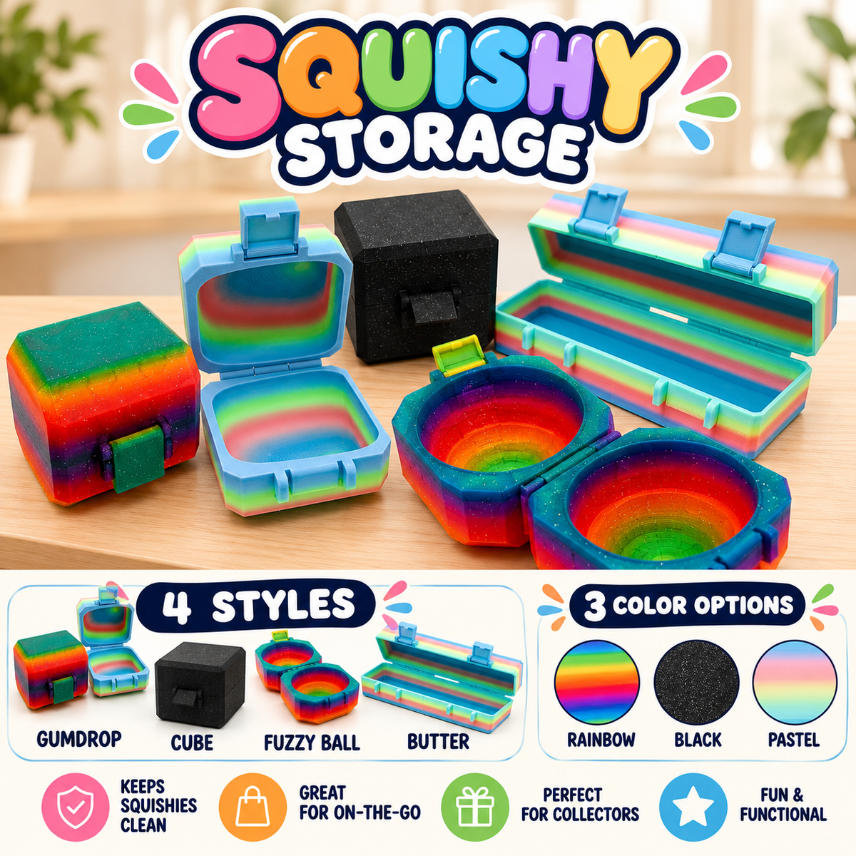 Four 3D printed storage cases in rainbow, black and pastel: square gumdrop, cube, round fuzzy ball and long butter styles