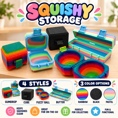 Four 3D printed storage cases in rainbow, black and pastel: square gumdrop, cube, round fuzzy ball and long butter styles