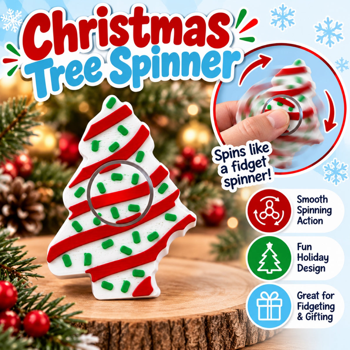 Christmas Tree Spinner 3D printed white tree with red stripes and green sprinkles and a center that spins like a fidget spinner, shown on a wood slice with holiday greenery