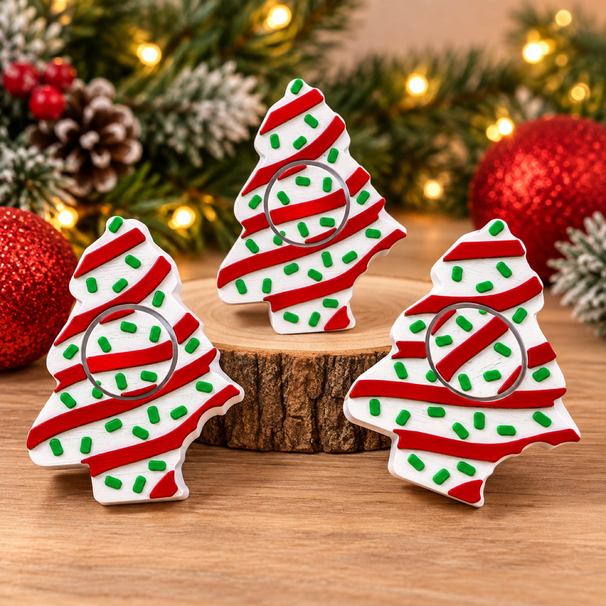 Three Christmas Tree Spinner holiday collectibles with red stripes and green sprinkles and spinning centers, displayed on a wood slice with ornaments
