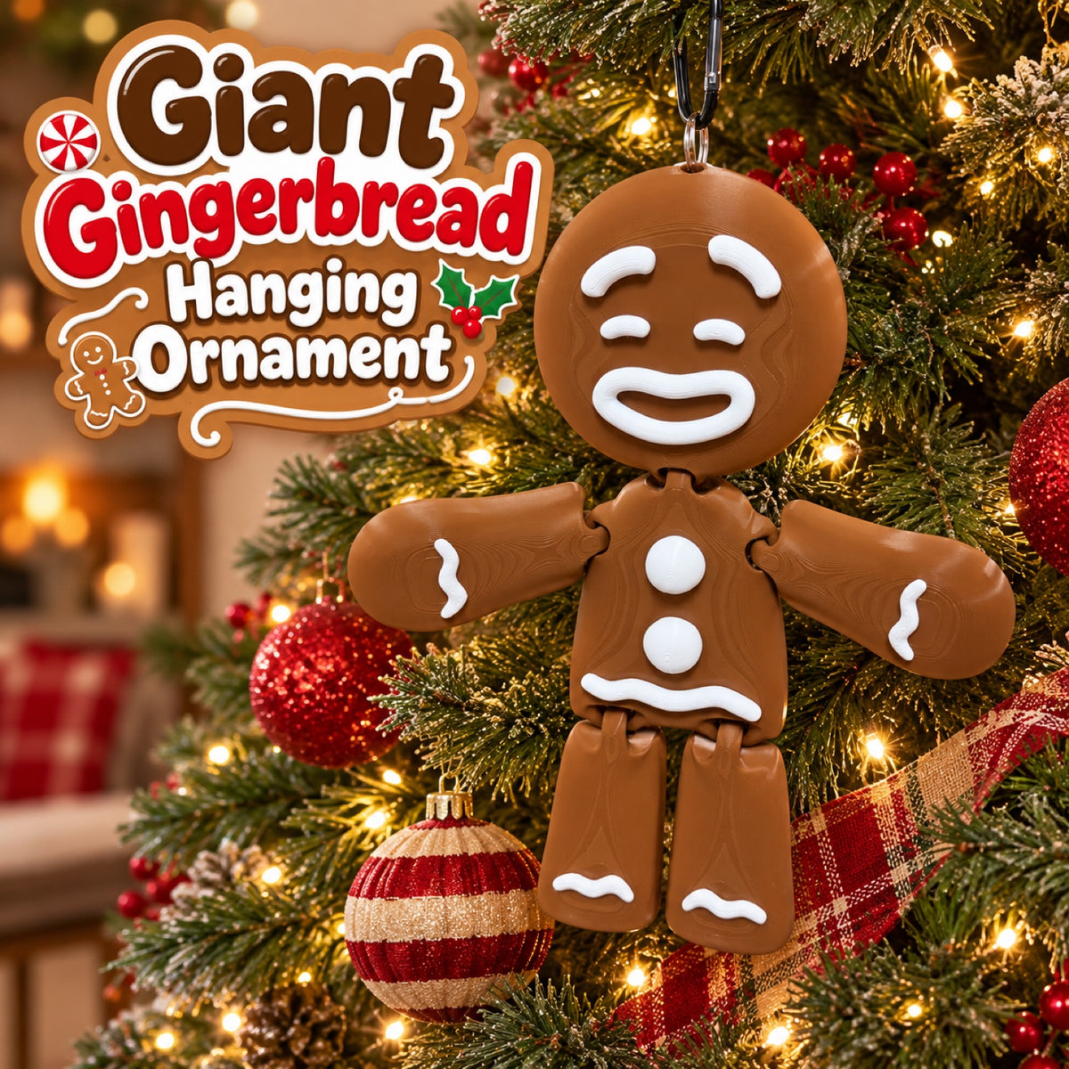 Giant Gingerbread Hanging Ornament: a smiling brown gingerbread figure with white icing details hanging from a carabiner on a lit Christmas tree