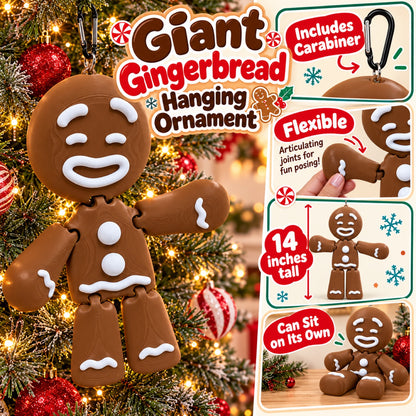 Giant Gingerbread Hanging Ornament details: includes carabiner, flexible articulating joints, 14 inches tall, and can sit on its own
