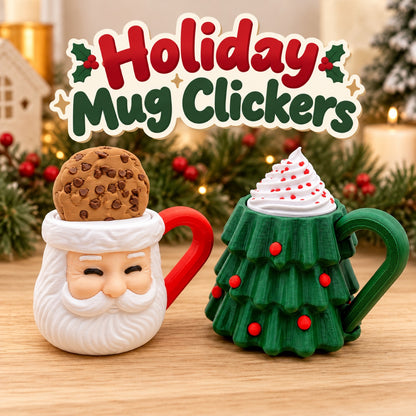 Holiday Mug Clickers: a Santa cookie mug and a Christmas tree whipped cream mug side by side with a festive title graphic