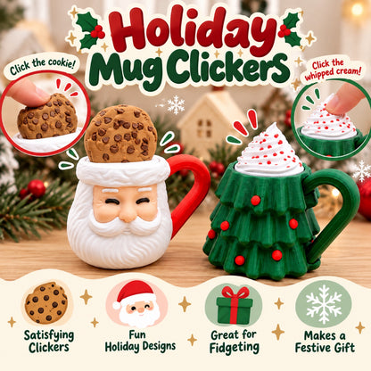 Feature graphic showing how to click the cookie on the Santa mug and click the whipped cream on the tree mug