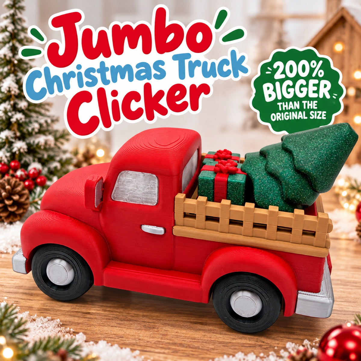 Jumbo Christmas Truck Clicker red vintage-style pickup truck carrying a glittery green tree and wrapped gifts, 200% bigger than the original size, shown on a wood surface with holiday decor