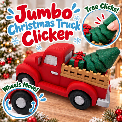 Jumbo Christmas Truck Clicker with callouts showing the glittery green tree that clicks and the wheels that move, red vintage-style pickup with wrapped gifts