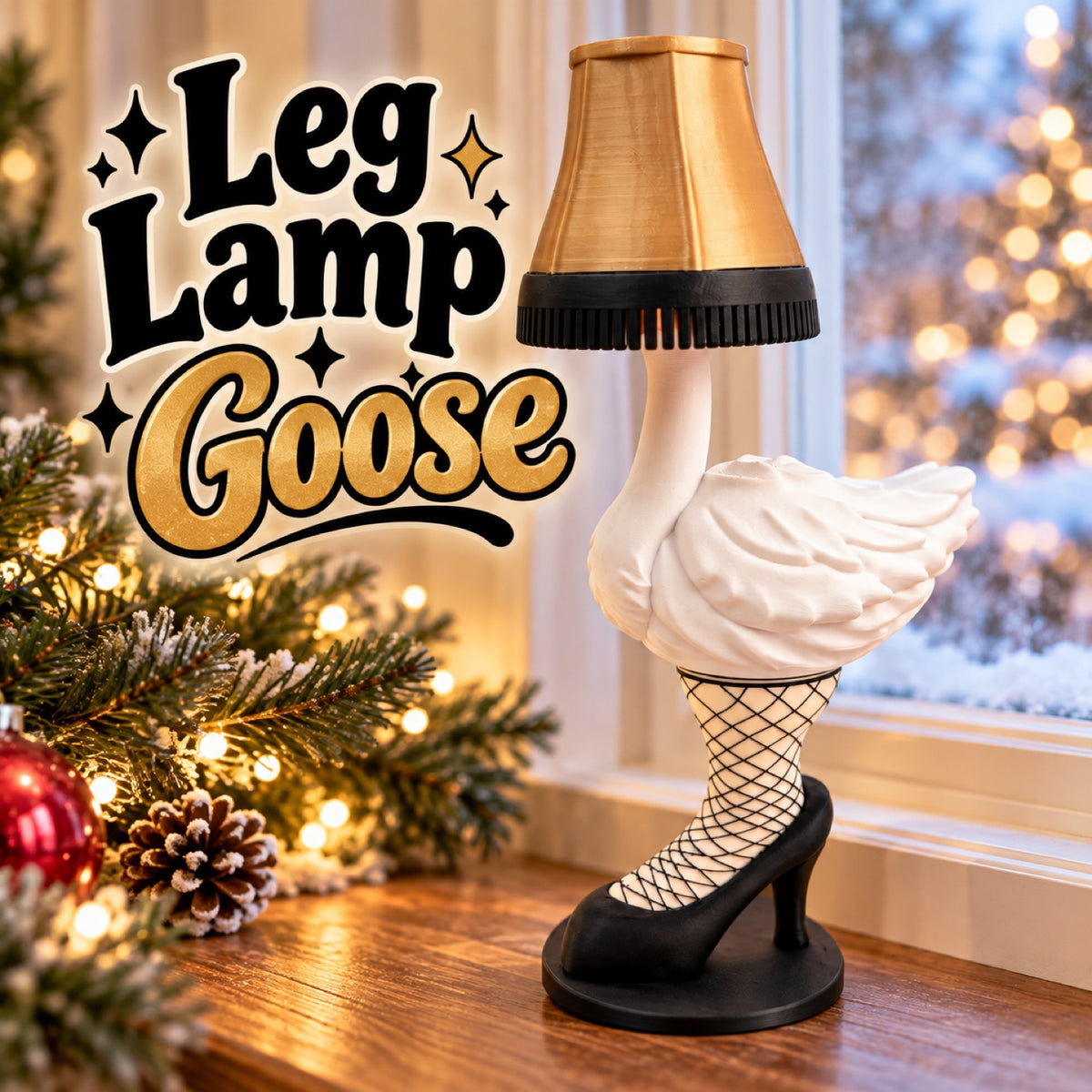 Leg Lamp Goose holiday decor: a white goose wearing a gold lamp shade, fishnet stocking leg and black high heel on a windowsill with Christmas lights