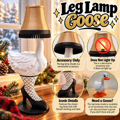 Leg Lamp Goose details: removable gold shade accessory that does not light up, fishnet and heel details, and the goose available separately